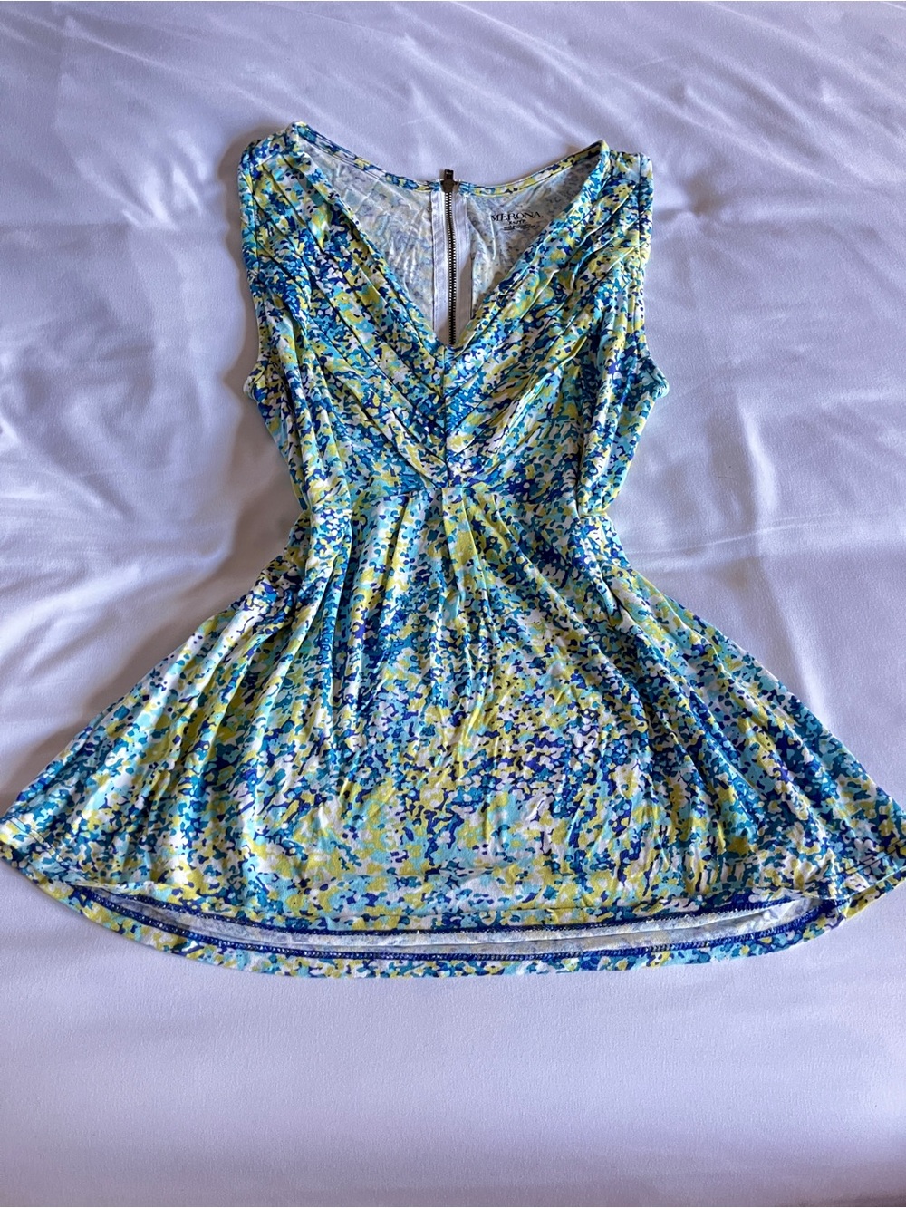 Merona XS Blue Yellow Floral Abstract Rayon Zip Faux Wrap Sleeveless Tunic Top